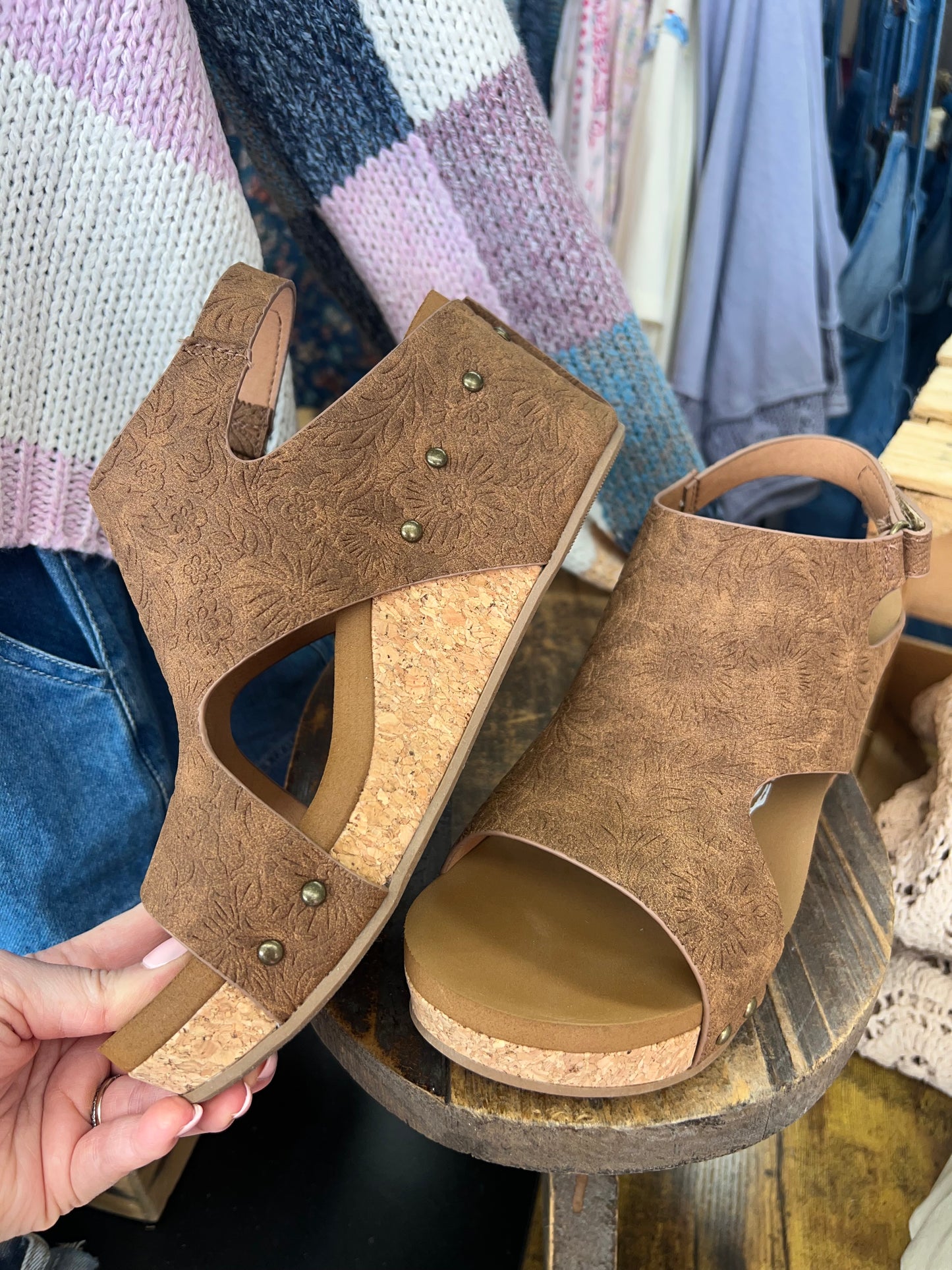 Embossed Wedge Sandals