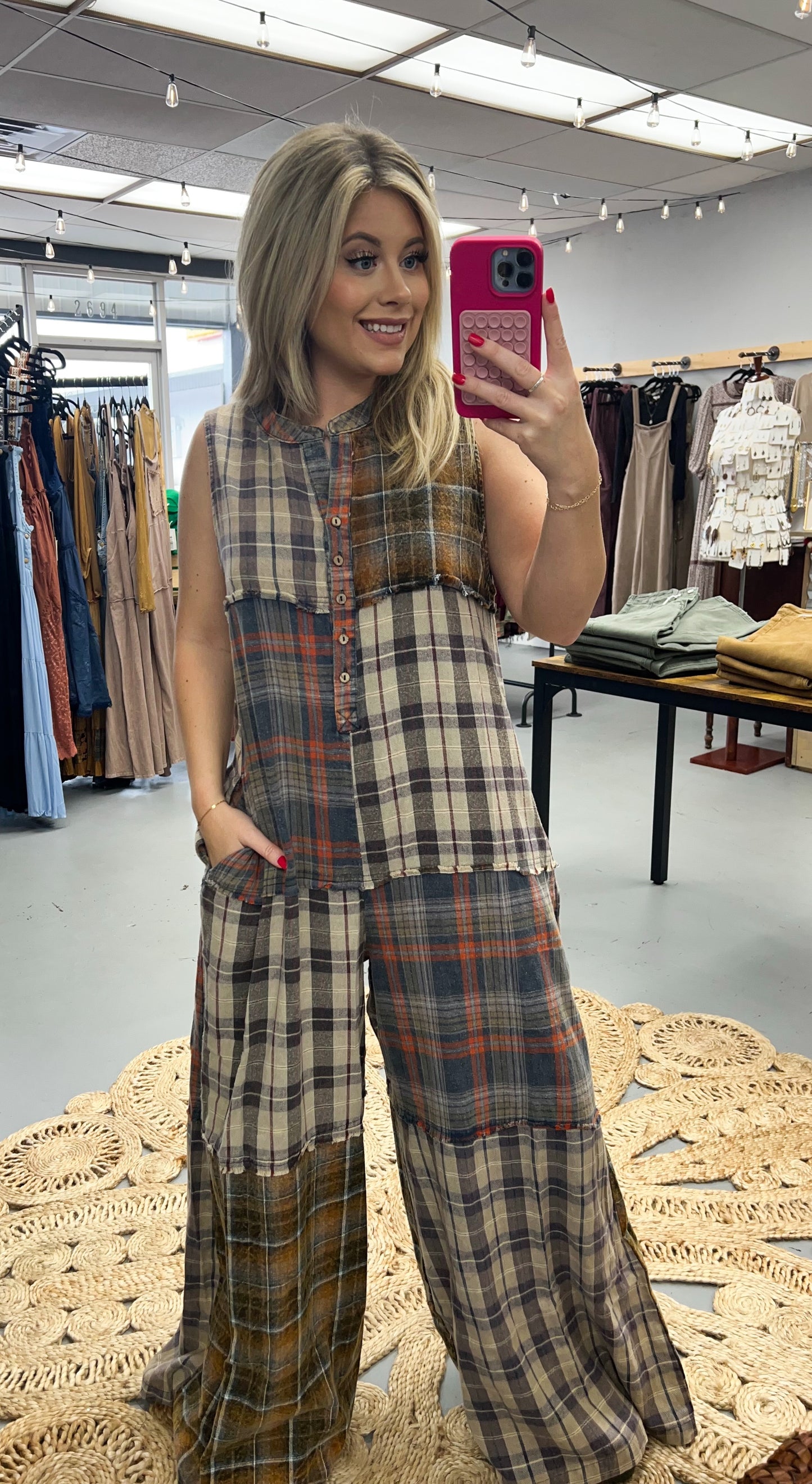 Washed Plaid Jumpsuit