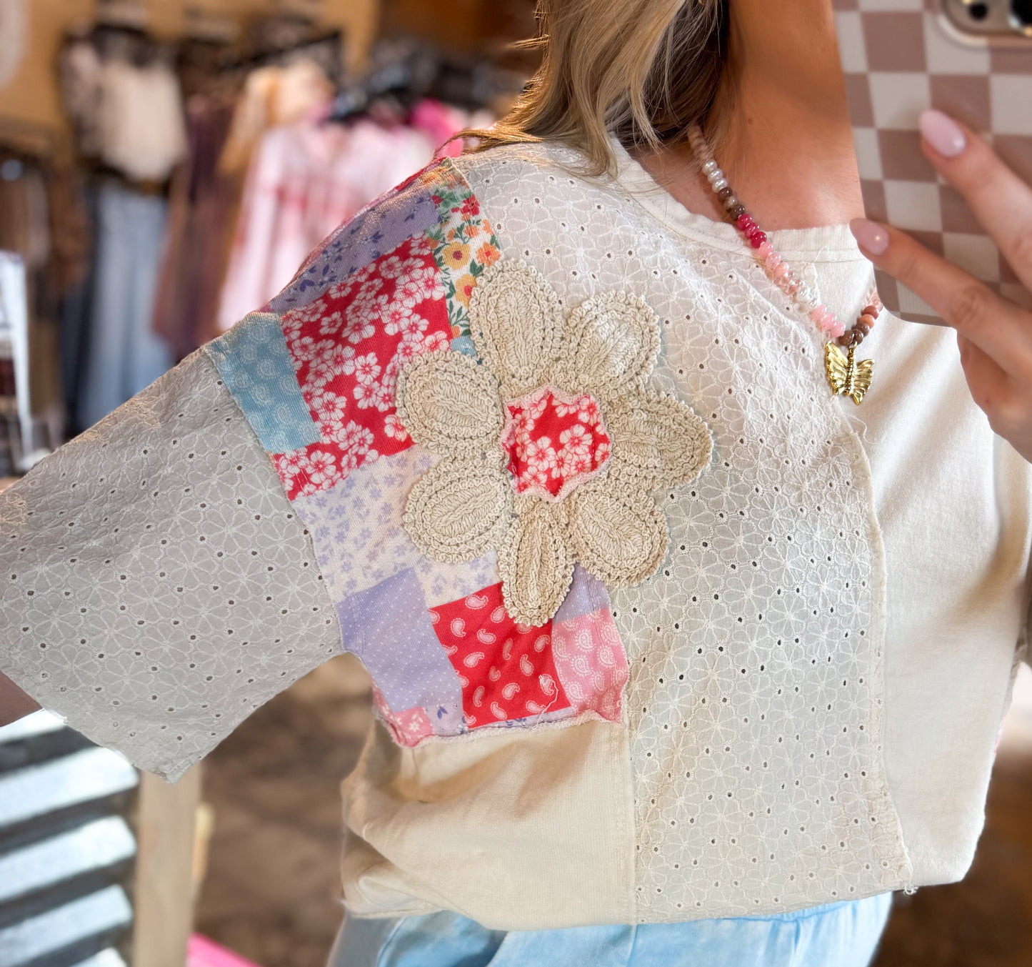 Natural Floral Eyelet Top