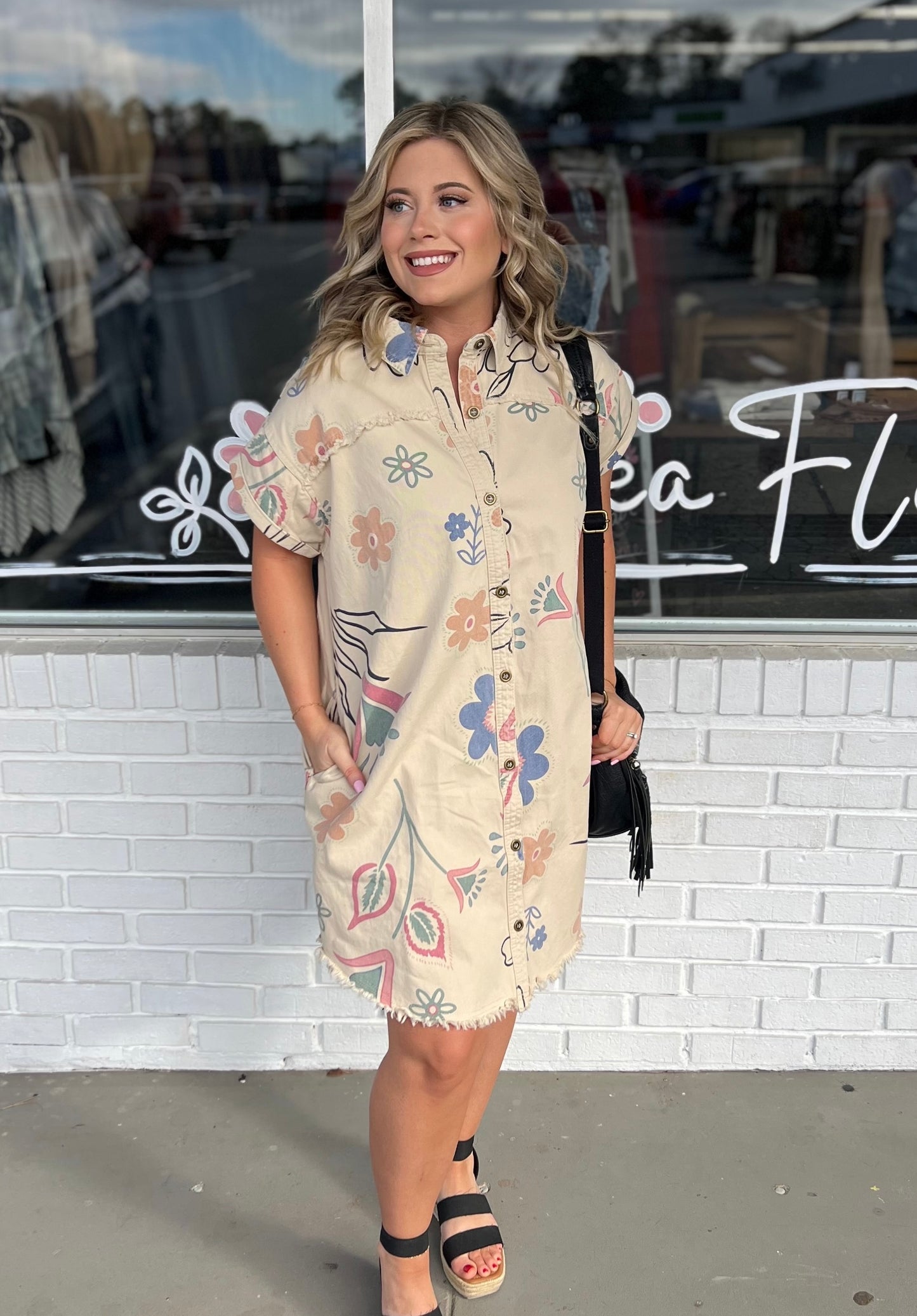 Khaki Button Dress w/ Flowers