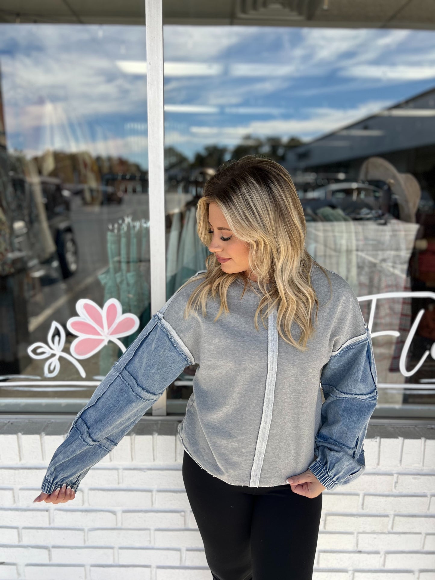 Gray Demin Sleeves Top