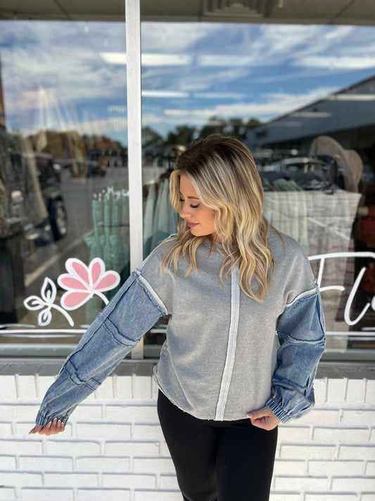 Gray Demin Sleeves Top