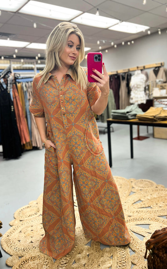 Teal Rust Printed Jumpsuit