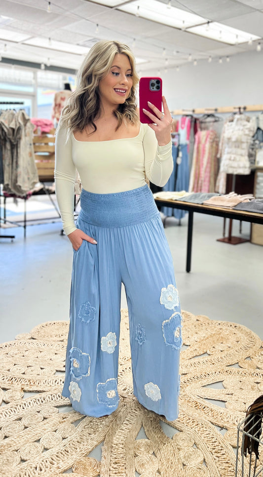 Blue Floral Patchwork Pants