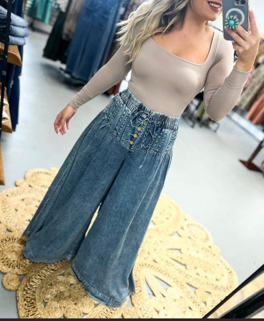 Button Front Wide Leg Pants