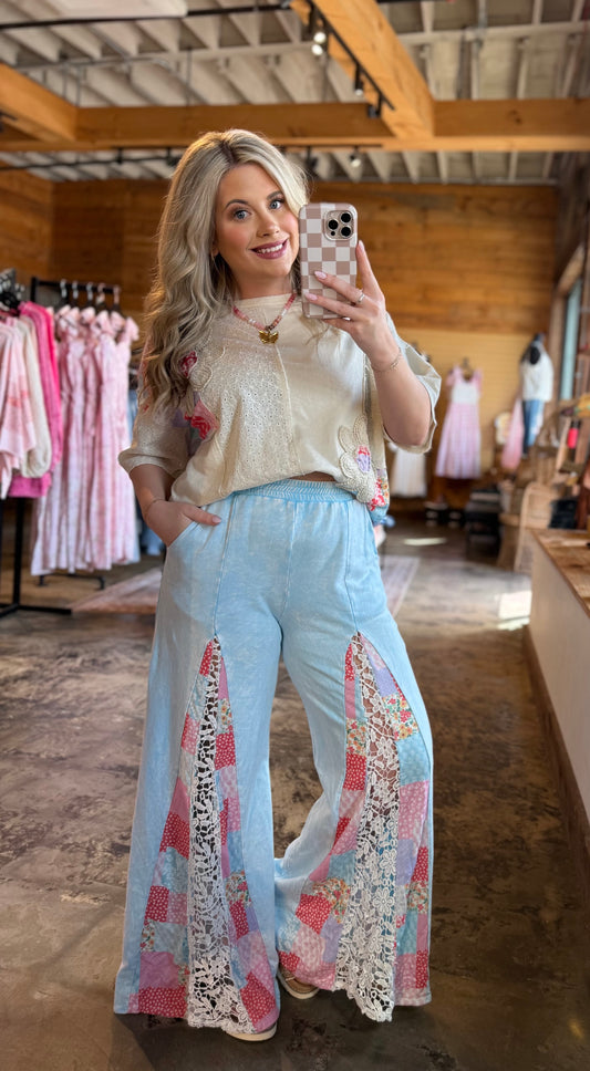 Blue Floral Lace Pants