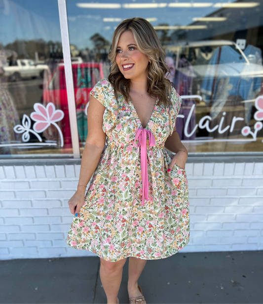Pink Tie Floral Dress