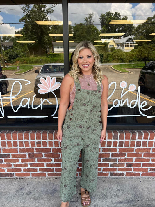 Olive Printed Overalls
