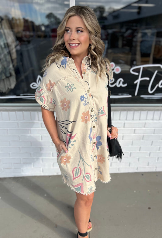 Khaki Button Dress w/ Flowers