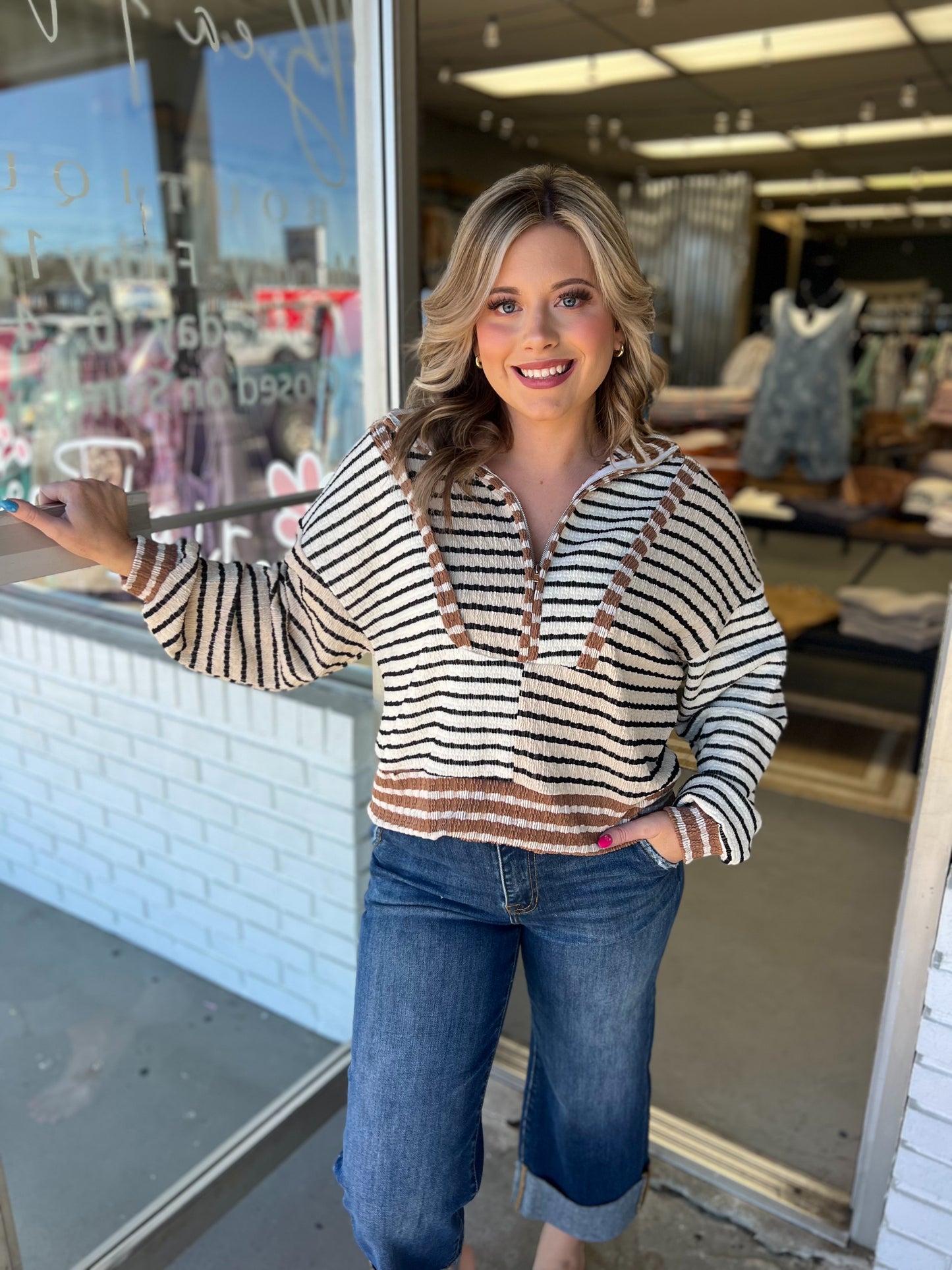 Black/Taupe Striped Top